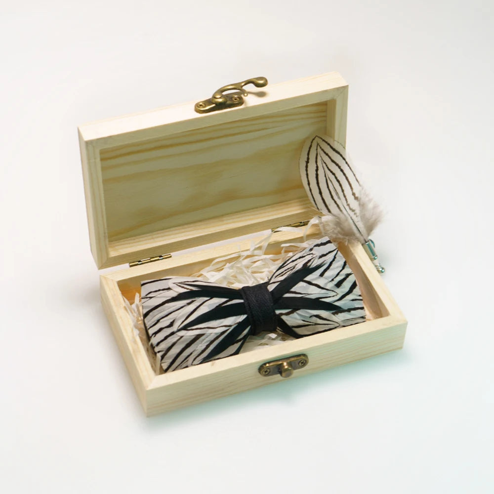 Wedding Bow Tie for Men handmade feather bow tie black white Pre-tied bowtie brooch wooden box Set for Party birthday Gift Good Vibrations