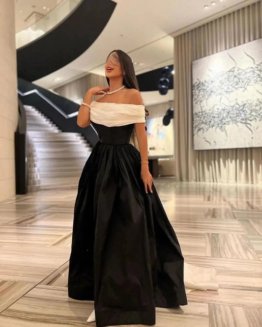 White Black Evening Dresses For Wedding Party 2024 Off Shoulder Formal Prom Dress Arabic Party Gown Customized Good Vibrations
