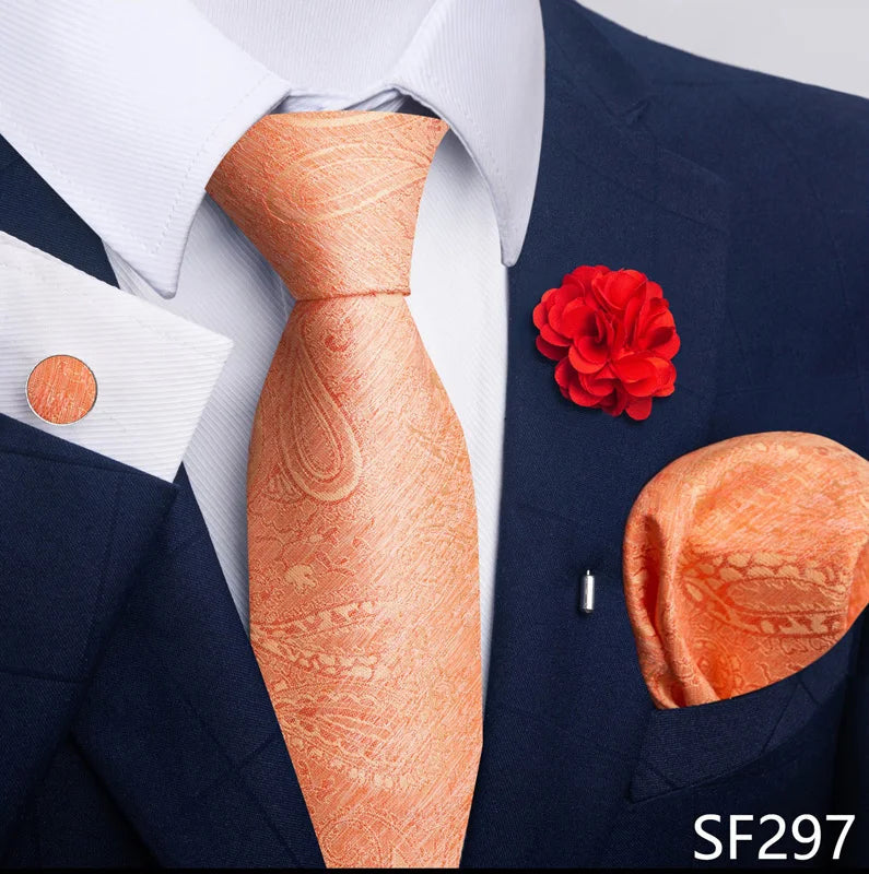 Luxury Mens Ties Floral Black Gold Ties Paisley NeckTie Pocket Square Cufflinks Brooch Set Men's Wedding Party Tie Good Vibrations