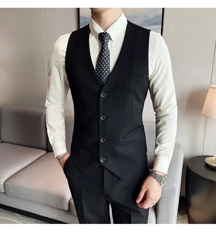 Suit (suit +Vest+Pants) Formal Business Men Four Seasons Professional Fashion Gentleman Solid Color Outdoor British Style Suit