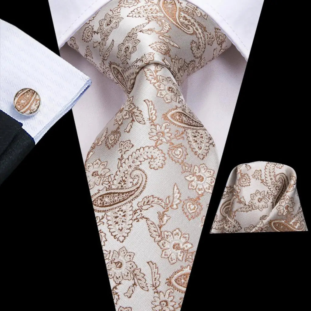Hi-Tie Champagne Gold Striped Paisley Solid Men Silk Wedding Tie Fashion Design Necktie For Men Hanky Cufflink Business Party Good Vibrations