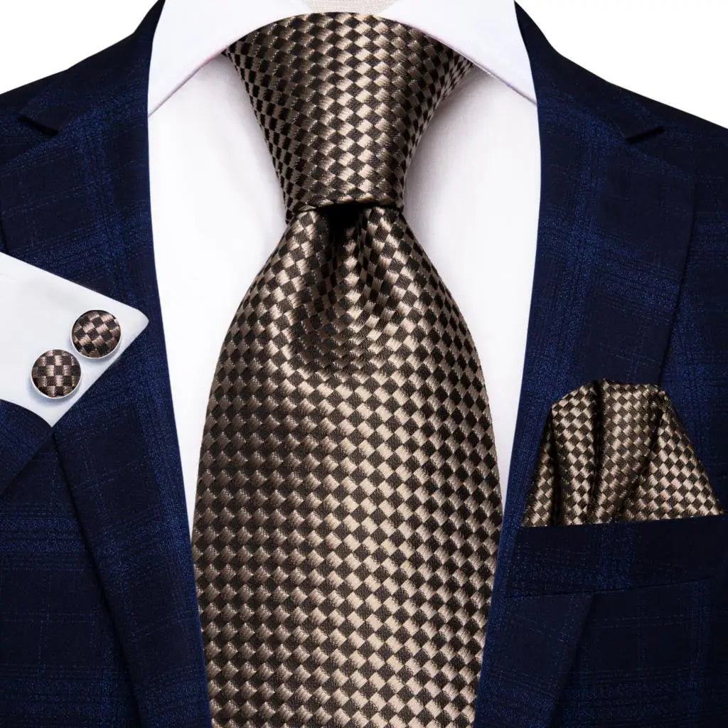 Hi-Tie Champagne Gold Striped Paisley Solid Men Silk Wedding Tie Fashion Design Necktie For Men Hanky Cufflink Business Party Good Vibrations