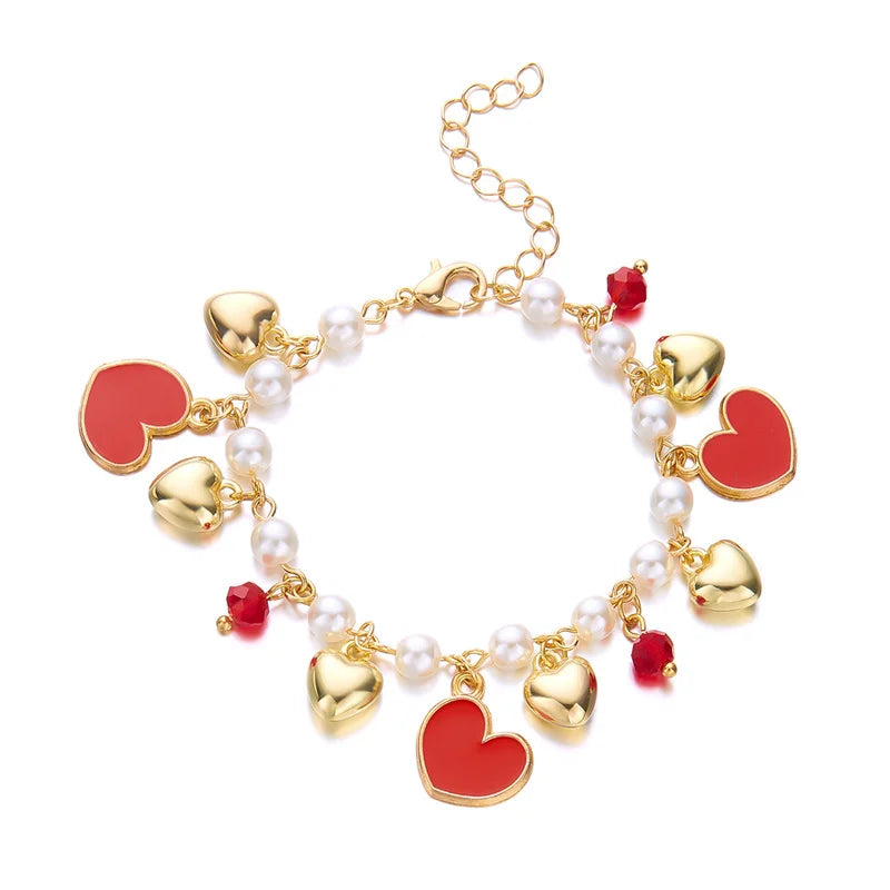 Charm Red Strawberry Bracelet For Women Cute Cherry Heart Shape Fruit Pearl Metal Chain Wristband Girls Party Friendship Jewelry Good Vibrations