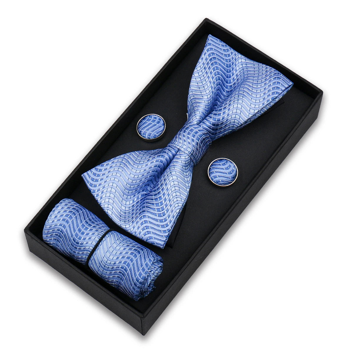 Bowtie For Men Set Gift Box Business Gift Fashion Bow Tie Pocket Square Cufflinks Set Bowtie 3pcs For Wedding Hanky Cravata Neck Good Vibrations