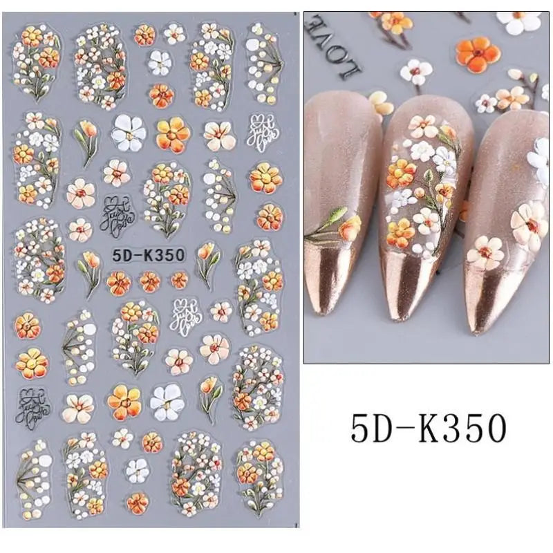 ★★★Colorful 5D Flower Embossed Nail Stickers Fresh Floral Designs Five-Petal Flower Self-Adhesive DIY Nail Art Decals Good Vibrations
