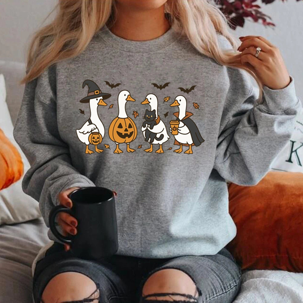 Halloween Goose Sweatshirt Funny Halloween Shirt Long Sleeve Crewneck Women Sweatshirt Spooky Goose Hoodies Fall Streetwear Tops Good Vibrations