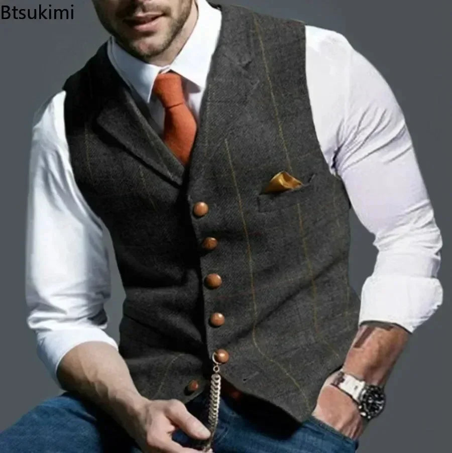 2025 Men's Formal Vests Lapel Tweed Plaid V-neck Waistcoat Slim Vest Business Formal Dress Suit Casual Wedding Tuxedo Male Vest Good Vibrations
