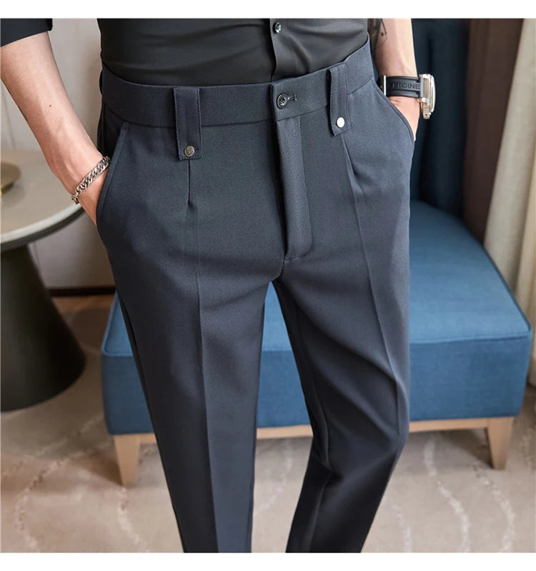 Mens Suit Pants 2025 Autumn New British Style Elastic Waist Solid Casual Formal Dress Pants Slim Fit Trousers for Men Clothing Good Vibrations