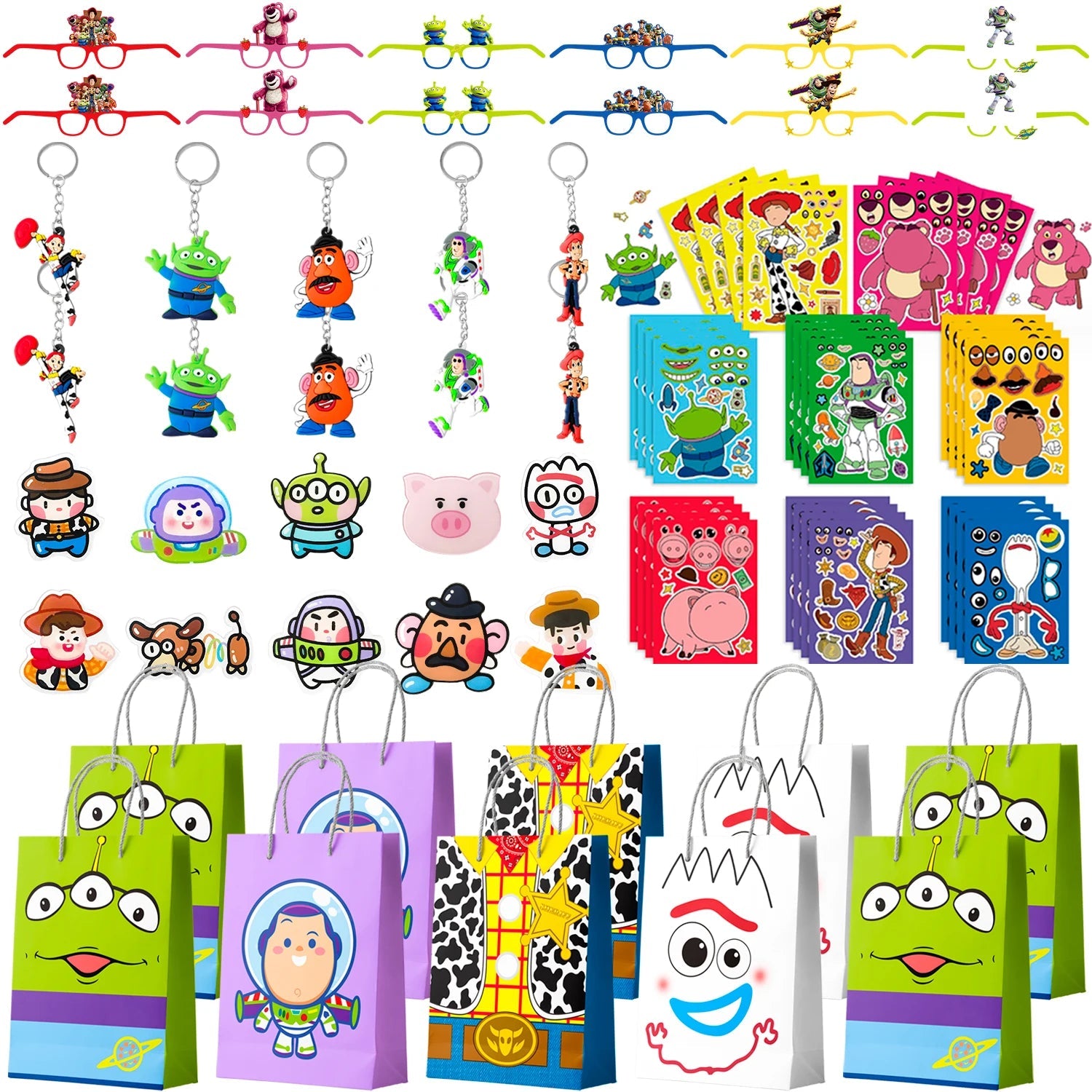Cartoon Party Favors for Kids, 50pcs Cartoon Birthday Party Favors Set- Cartoon Goodie Bags Key Chains Stickers Photo Props etc Good Vibrations
