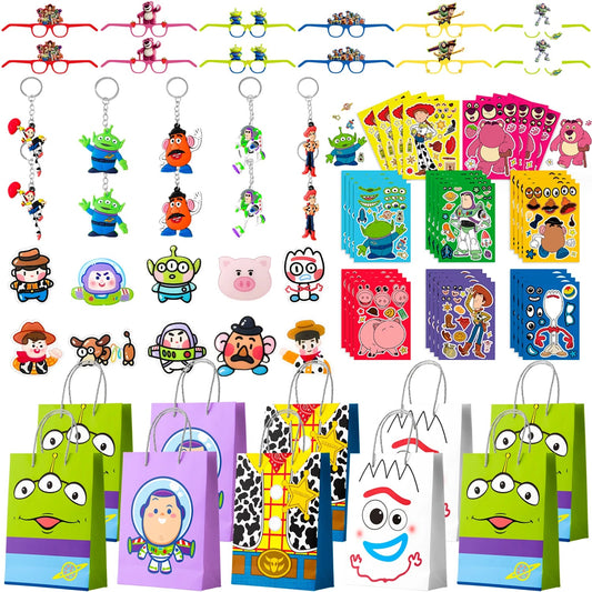 Cartoon Party Favors for Kids, 50pcs Cartoon Birthday Party Favors Set- Cartoon Goodie Bags Key Chains Stickers Photo Props etc Good Vibrations