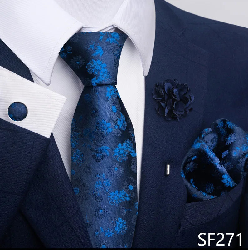 Luxury Mens Ties Floral Black Gold Ties Paisley NeckTie Pocket Square Cufflinks Brooch Set Men's Wedding Party Tie Good Vibrations