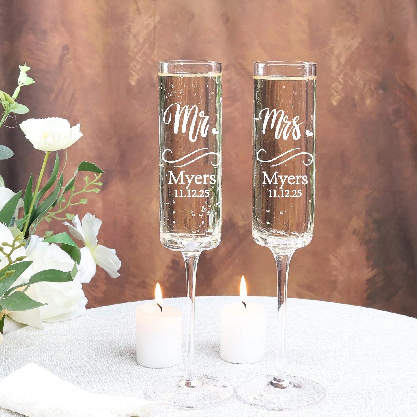 Set of 2 Personalized Mr and Mrs Wedding Flutes Champagne Toasting Glasses Couple Gift Groom Bride Toasting Glasses Good Vibrations