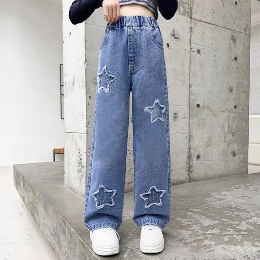 2-12 Years Spring  Autumn Girls Jeans Pentagram Decoration Long Denim Pants For Kids Children Outdoor Wear Straight Trousers Good Vibrations