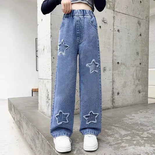 2-12 Years Spring Autumn Girls Jeans Pentagram Decoration Long Denim Pants For Kids Children Outdoor Wear Straight Trousers Good Vibrations