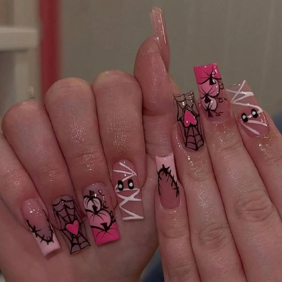 24pcs Gradient Pink French Style Press On Nails Cute Bandage Ghost Pumpkin Printed Halloween Fake Nails Medium Coffin False Nail Good Vibrations