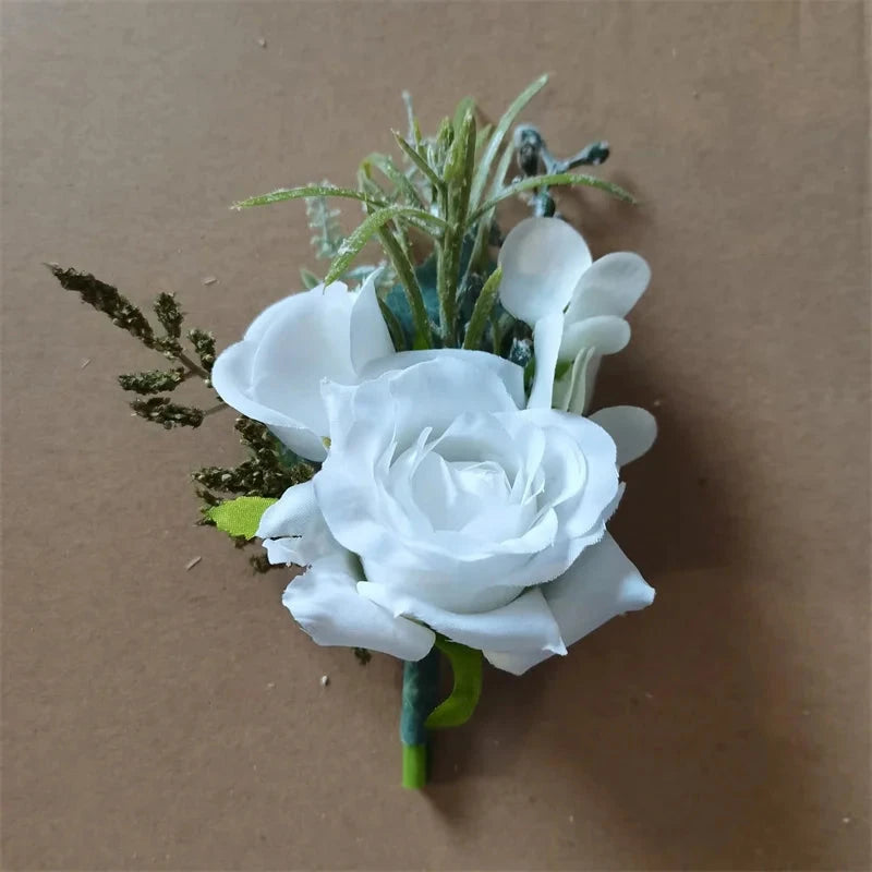 Boutonnieres Flowers Artificial White Roses Silk Ivory Corsage Buttonhole Groomsmen Boutonniere for Men Wedding Accessories Good Vibrations