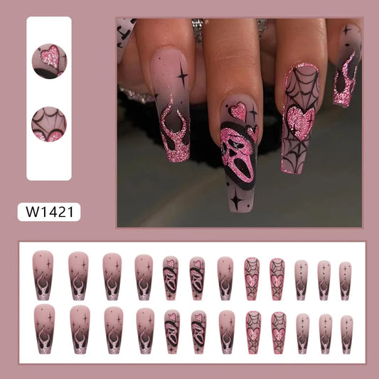 24pcs Glitter Pink Sequins Fake Nails 2025 Halloween Scary Skull Love Print False Nails Wearable European Ballet Press on Nails Good Vibrations