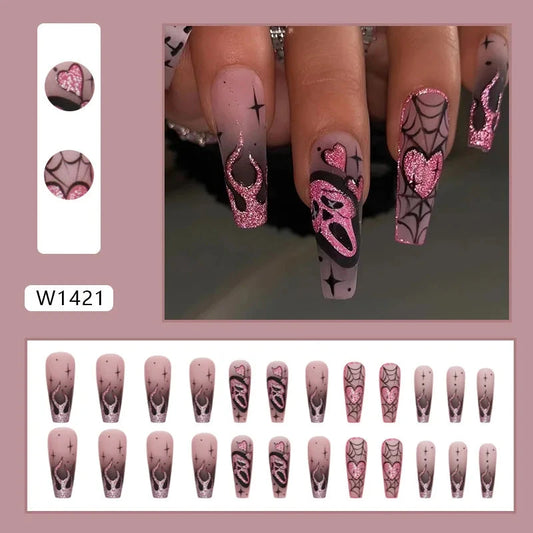24pcs Glitter Pink Sequins Fake Nails 2025 Halloween Scary Skull Love Print False Nails Wearable European Ballet Press on Nails Good Vibrations