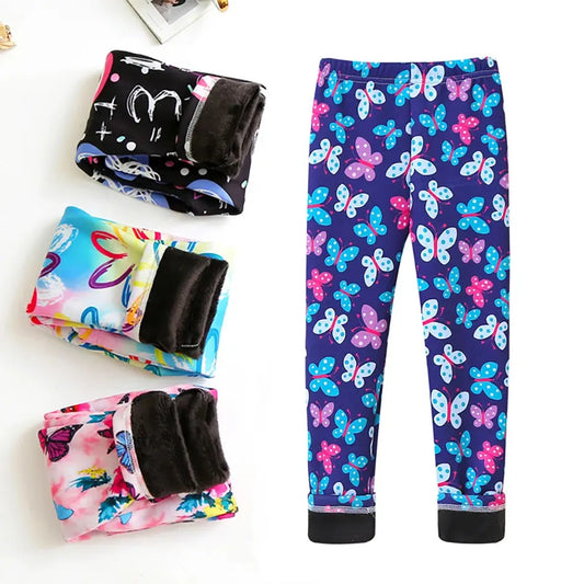 Girls Warm Plush Long Pants for Autumn Spring Cartoon Butterfly Striped Soft Cozy Leggings Fleece-Lined Bottoms Kids Casual Wear Good Vibrations