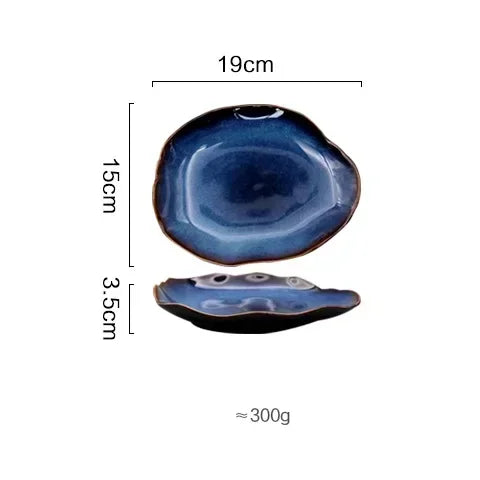 Ceramic Plates Deep Blue Irregular Flat Plate Pottery Dish Household Decoration Tableware Dinnerware Tray Hotel Kitchen Supplies Good Vibrations