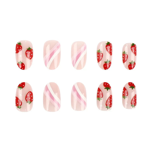 24pcs Short Glossy Oval Fake Nails Cute Sweet Strawberry Fake Nail Patch Wearable Full Cover for Girl Press on Nail Tips Good Vibrations