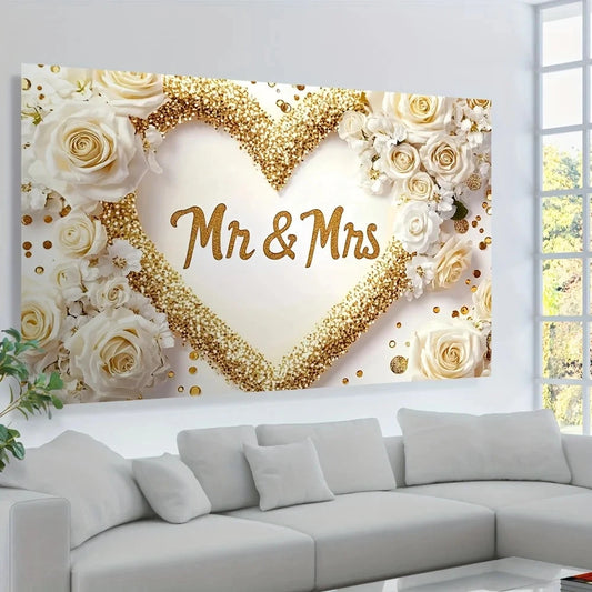 1 bride and groom wedding background banner, polyester non-electric seasonal party decoration for spring, summer, fall, birthday Good Vibrations
