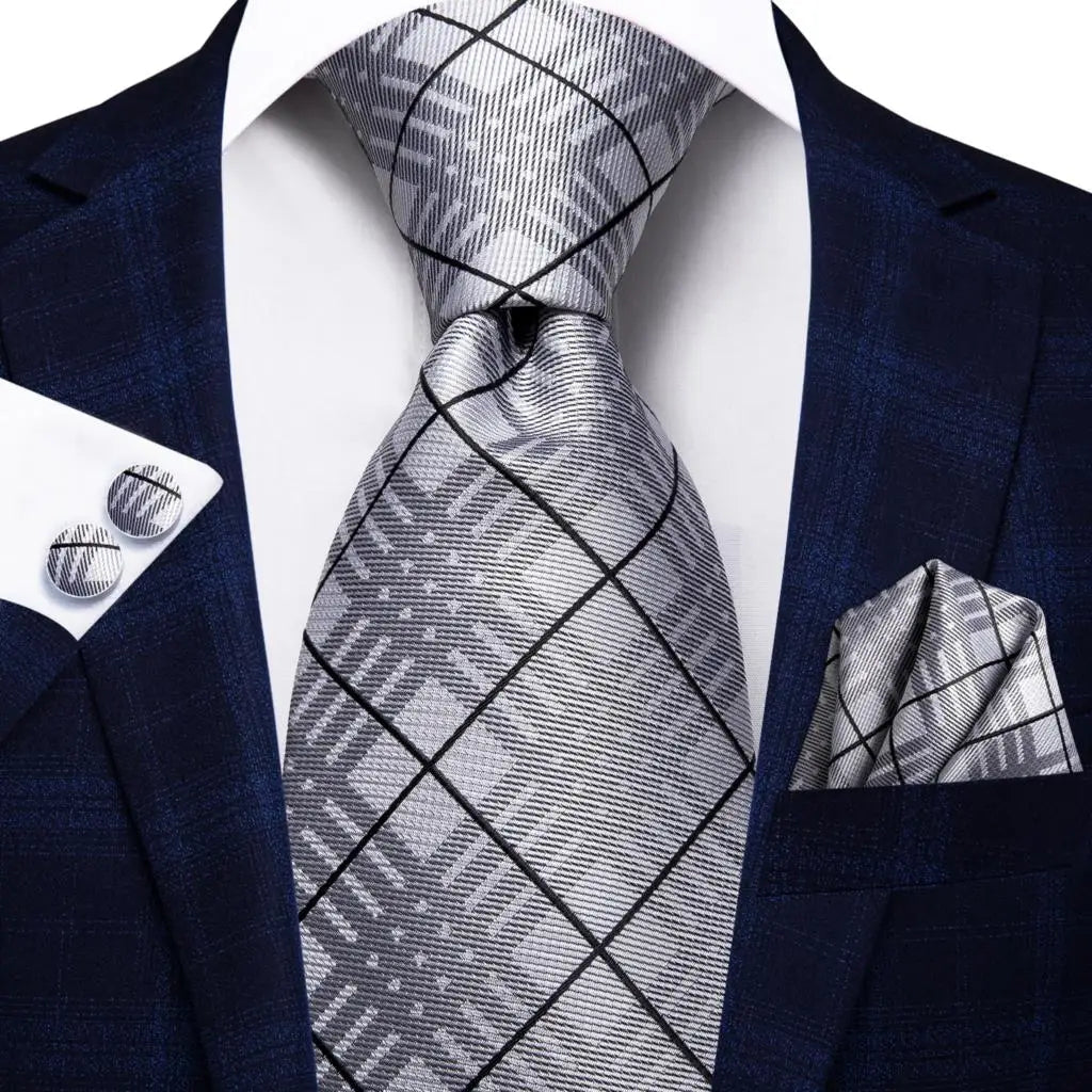 Men's Ties White Sliver Hanky Cufflinks Set Silk Neck ties For Men Wedding Party Business Mens Tie 2022 New Fashion Brand Hi-Tie Good Vibrations