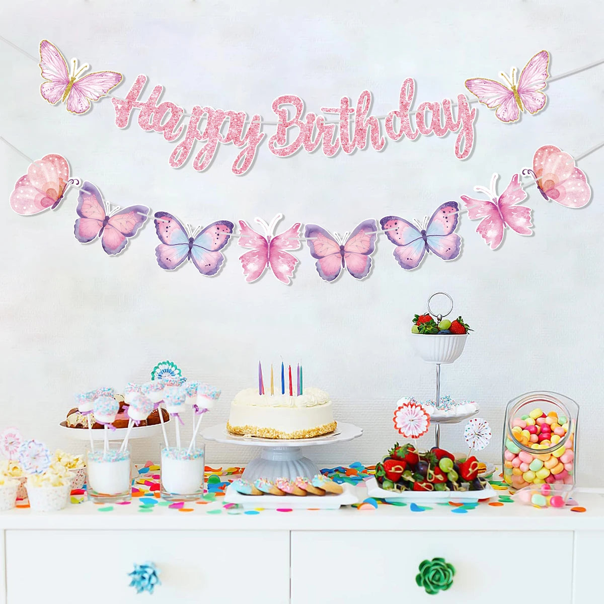 Pink Happy Birthday Banner With Butterfly Dancing Hanging Pendant Garlands  Girls Princess 1st Happy Birthday Party Decorations Good Vibrations