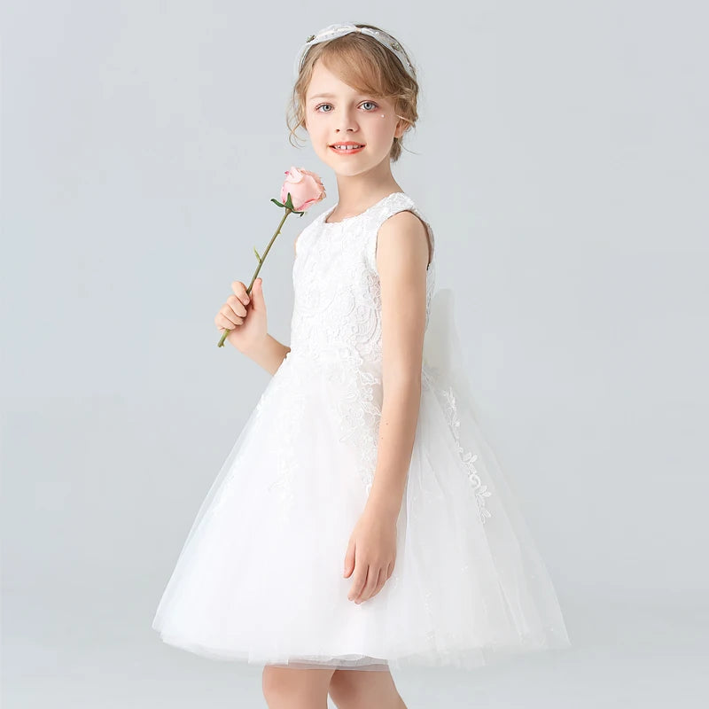 BX8991 White Lace Flower Girl Dress Bows Children's First Communion Dress Girls Sleeveless Princess Dresses Good Vibrations