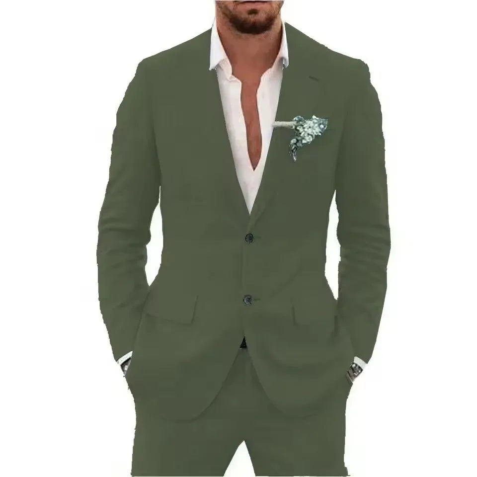Summer Casual Linen Suit for Men 2 Pieces Blazer Pant Set Notched Lapel Formal Slim Fit Wedding Suit Prom Suits Groom Tuxedo Good Vibrations