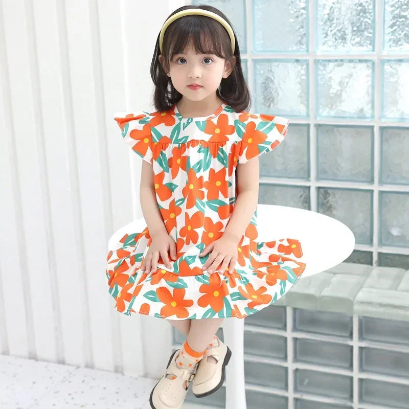 Girl Dresses100% Cotton Children's Clothing Summer Kids Clothes Girls Party Princess Fashion Outfit Flower Pattern Beach Dresses Good Vibrations