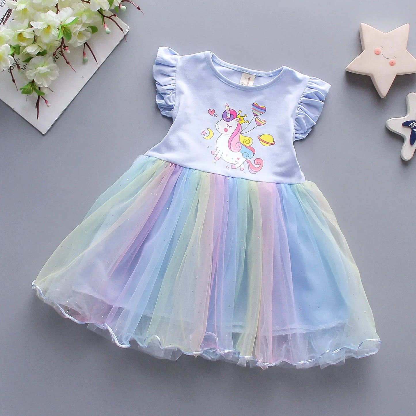 Girls Clothes 2025 New Summer Princess Dresses Flying Sleeve Kids Dress Unicorn Party Girls Dresses Children Outing Clothing 3-8 Good Vibrations