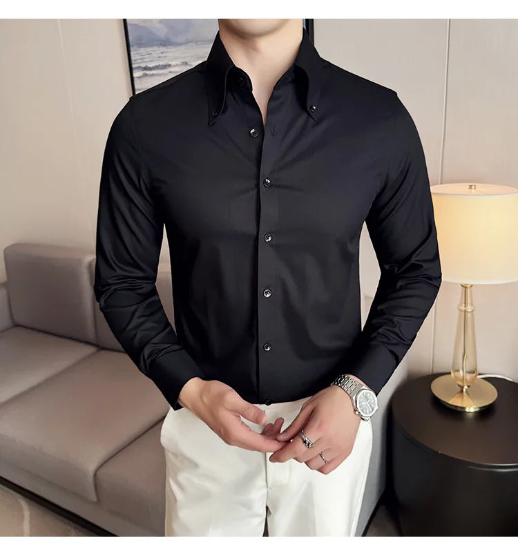 High Quality Versatile Business Casual Shirt Men Korean Fashion Long Sleeved Slim Fit Shirt Office Work Uniform Men Clothing 6XL Good Vibrations