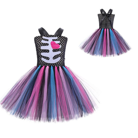 Halloween Kids Dress Cosplay Heart Print Skeleton Costumes Girls Floral Skull Tutu Clothes Children Carnival Performance Outfits Good Vibrations