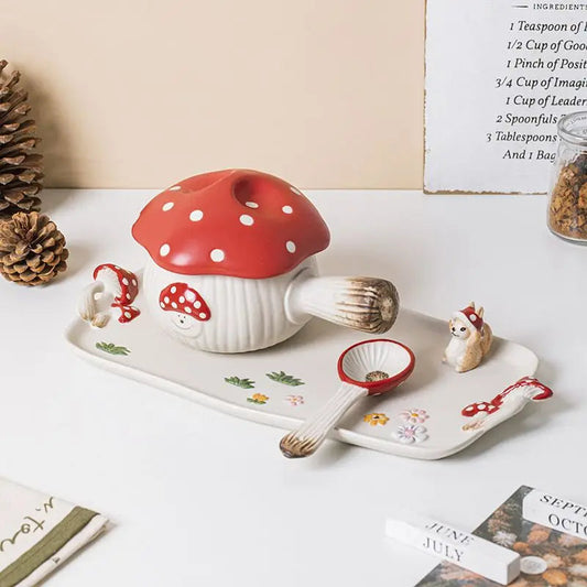 Red Mushroom Handle Bowl with Lid Creative Ceramic Breakfast Fruit Dessert Plate Creative Mushroom Salad Bowl Spoon Cutlery New Good Vibrations