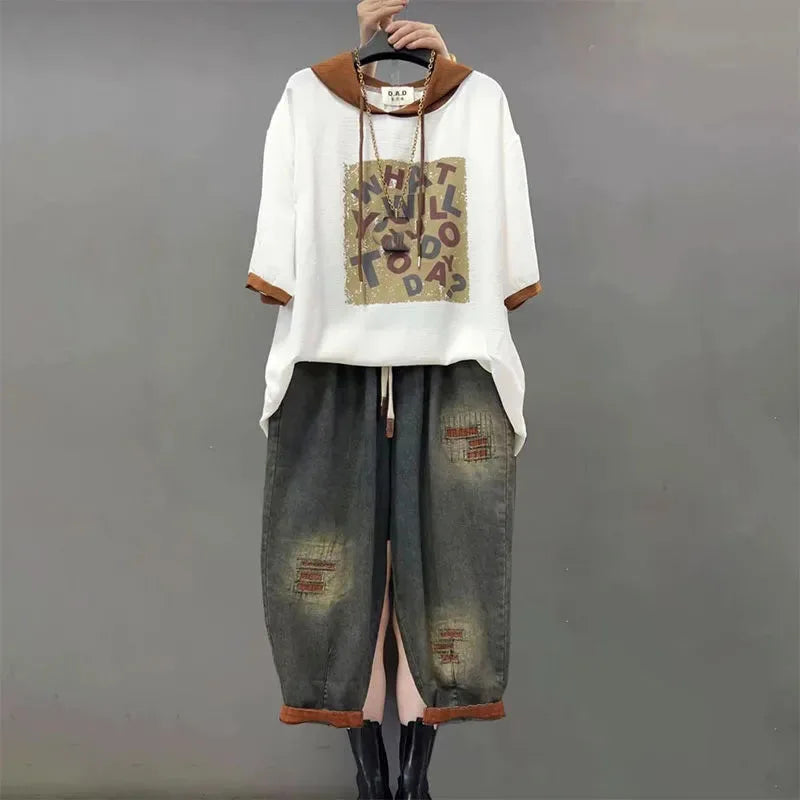 Jeans Set Women Denim Pants Two Piece Set 2025 New Loose Plus size Casual Suit Female Fashion Hooded Printed Jeans Sets Good Vibrations