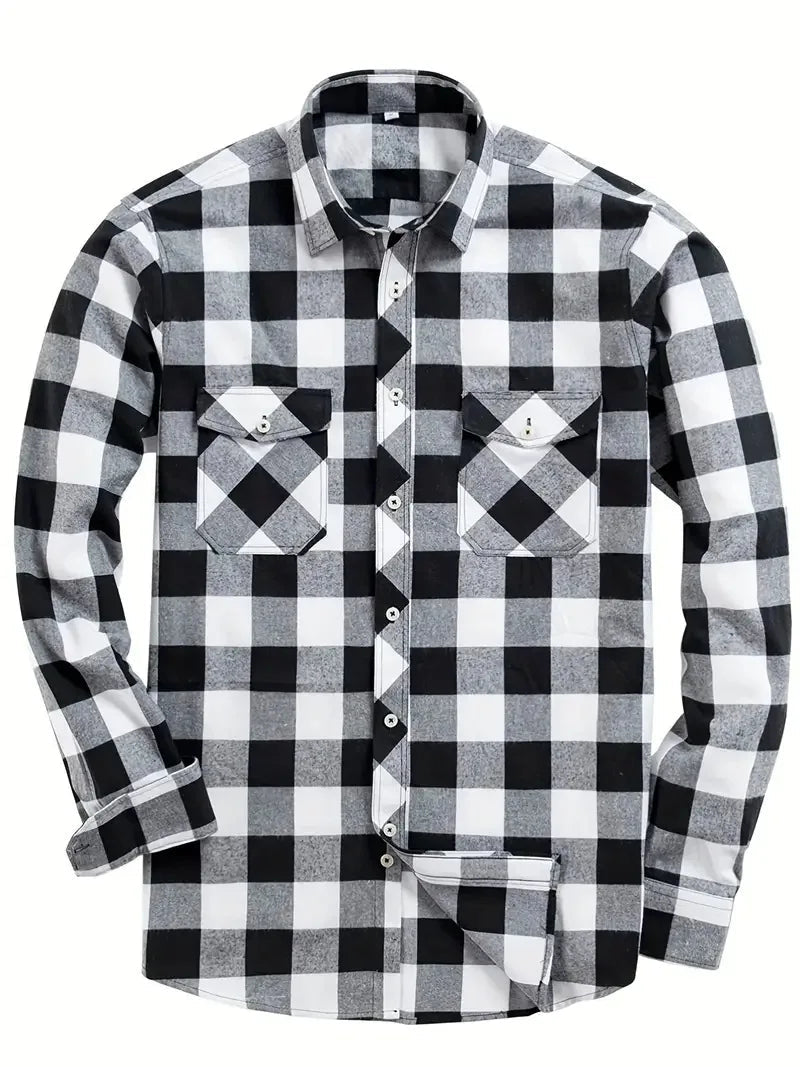New Plaid Flannel Shirt for Men Long Sleeve Casual Shirts Spring Autumn Button -up 2-Pocket Colthing Tops Classic Men's Shirts Good Vibrations