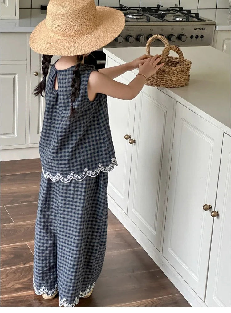 Girls' Summer Outfit New Kids Temperament Plaid Lace Vest+Wide Leg Pants Two-piece Set Trendy Children's Clothing Sets Good Vibrations