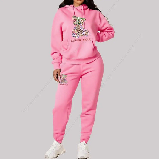 Women's Sets Hoodies Pants Outfits Suit 2025 New Sportswear Sweatsuit Bear Graphic Letter Print Aesthetic Trend Ladies Tracksuit Good Vibrations