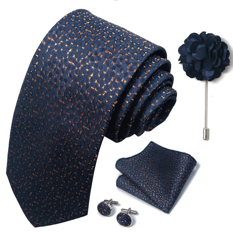 Luxury Mens Ties Floral Black Gold Ties Paisley NeckTie Pocket Square Cufflinks Brooch Set Men's Wedding Party Tie Good Vibrations