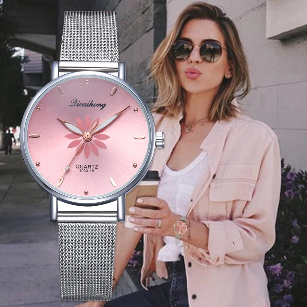 Watches For Women Luxury Silver Popular Pink Dial Flowers Metal Ladies Bracelet Quartz Clock Ladies Wrist Watch New Clock Good Vibrations