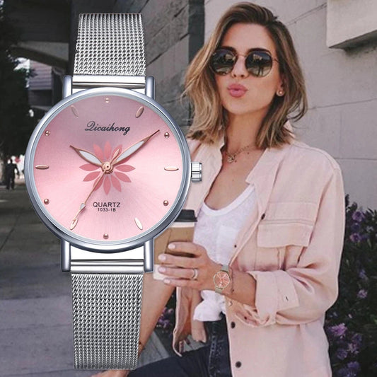 Watches For Women Luxury Silver Popular Pink Dial Flowers Metal Ladies Bracelet Quartz Clock Ladies Wrist Watch New Clock Good Vibrations
