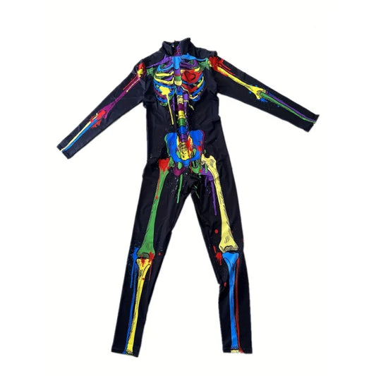 Halloween Party Theme Dress Up Costumes, Girls Long Sleeve Stretchy Fitted Full Color Skull Pattern Printed Women's Jumpsuit Good Vibrations