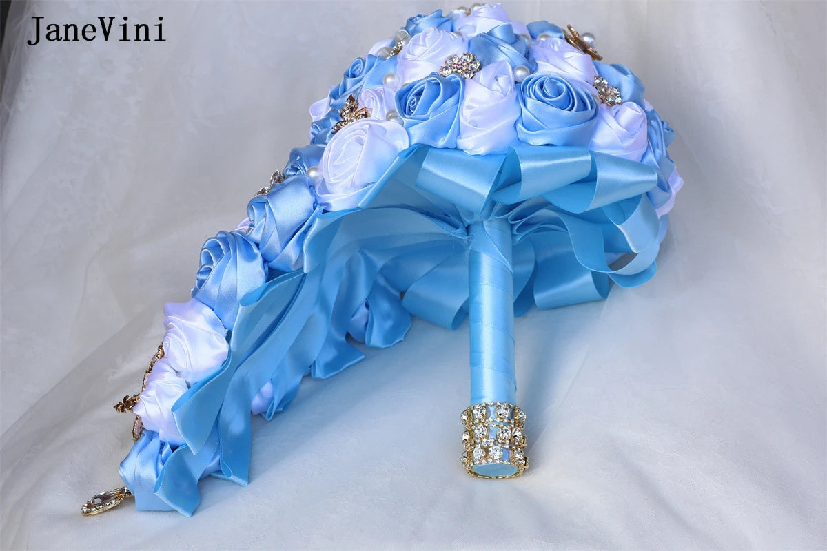 JaneVini Elegant Korean Light Blue Cascading Flowers Crystal Waterfall Bridal Bouquets Pearl Ribbon Roses Wedding Brooch Bouquet Good Vibrations