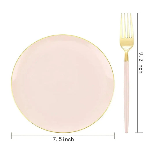 Liyh 96 Pcs Pink And Gold Disposable Plastic Dessert Plates And Forks Set - 7.5"" Plastic Appetizer Plates & 9"" Gold Cake Good Vibrations