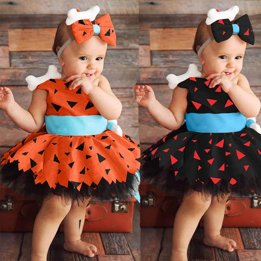 Halloween Elegant Girls Dress Toddler Kids Caveman Costume Dog Bones Historical Cavegirl Mesh Tulle Princess Dress Party Outfits Good Vibrations