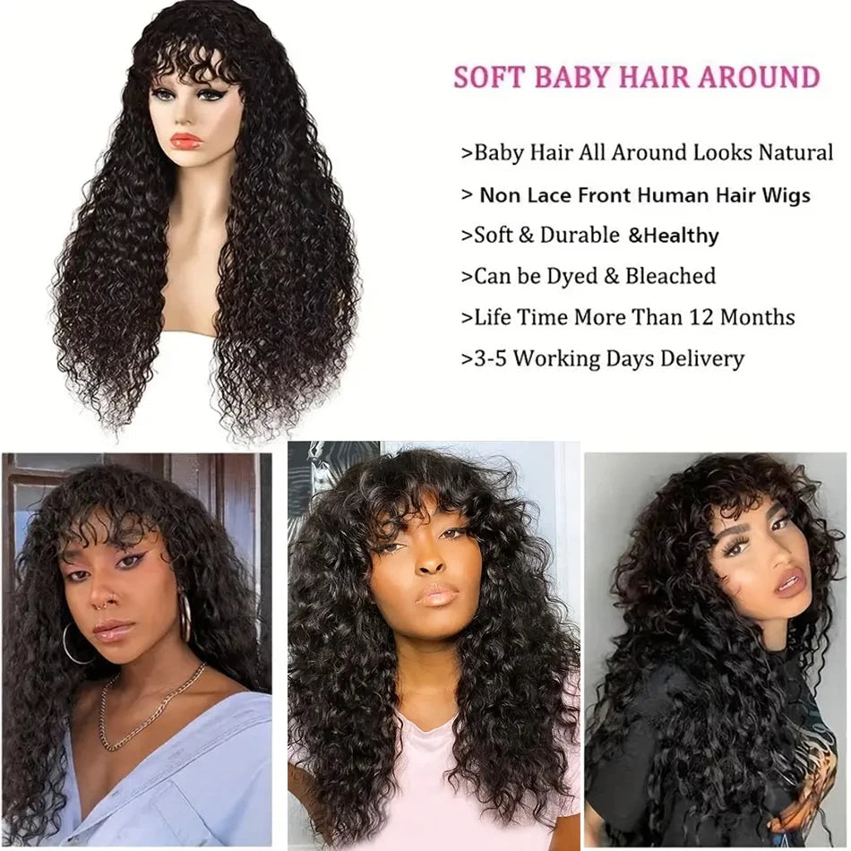 Water Wave Human Hair Wigs with Bangs None Lace Front Wigs Glueless Wigs Virgin Hair for Women 180% Machine Made Wigs Natural Good Vibrations