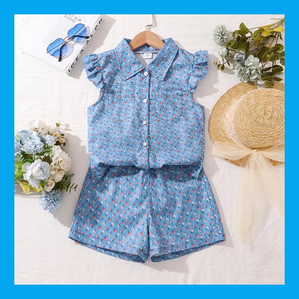 Girls Clothing  Sets Light Blue Flowers Printed Button-Down Sleeveless Top & Shorts 2 PCS Korean Style Kids Sets Daily Clothes Good Vibrations