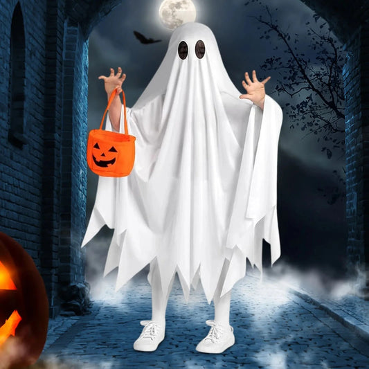 Halloween Funny Costume Kids White Ghost Cloak Cosplay Outfit With Cute Pumpkin Bag Theme Party Festival Decorative Supplies Good Vibrations