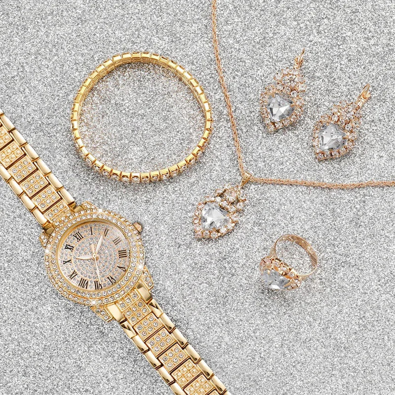6PCS/Set Fashion Full Diamond Women's Watch Gold Steel Band Quartz Watches Diamond Jewelry Set Good Vibrations